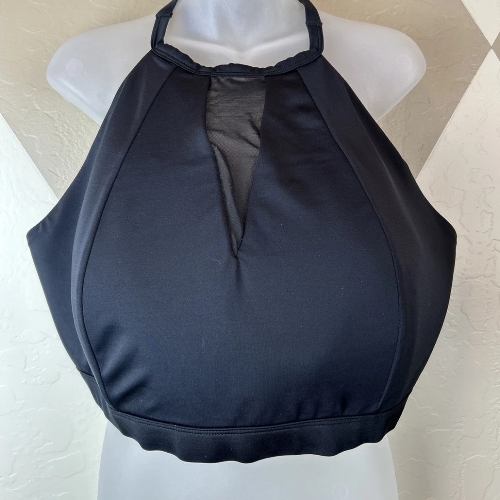 Cacique Halter Bra Swim Top High Illusion Neck Size 26 Black Lined Wireless